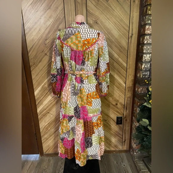 FATE Women's Medium Happy For You Patchwork Midi Dress Fuchsia Pink Boho - Picture 8 of 10